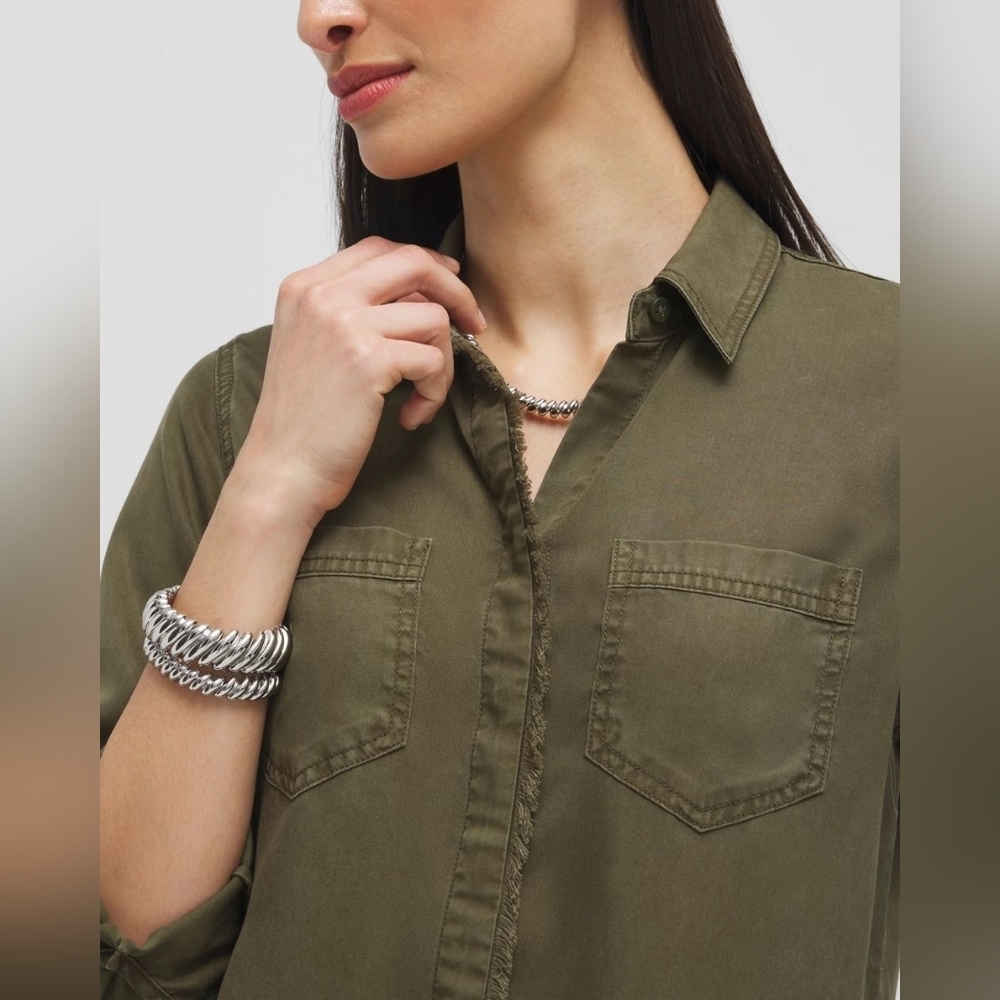 Chicos 3 Twill Fringe Hem Shirt Olive Green Sz 16 XL WT109 - Picture 4 of 9